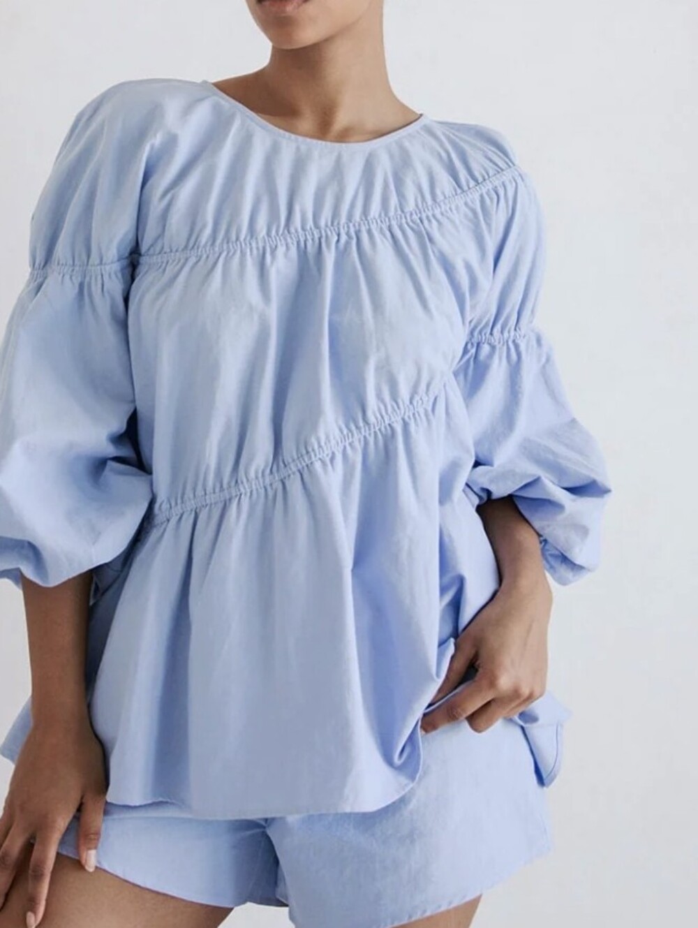SABO Akel Top Blue Long Sleeve Panelled Flounce Blouse Size L US 8 AUS 12